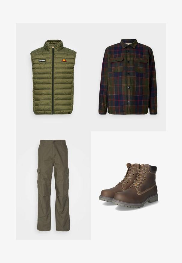 Gevoerde mouwloze vest in olijfgroen, met een hoge kraag, voorrits, logopatch en horizontale doorgestikte patronen.; Geruite flanellen overhemd in donker groen, marineblauw en bordeauxrood met knoopsluiting aan de voorkant, twee borstzakken en een klassieke kraag. Geverfde stofafwerking.; Olijfgroene cargobroek met rechte snit, gemaakt van gestructureerde stof. Bevat grote zijzakken en een knoopsluiting.; Bruine leren enkellaarsjes met veters, een geveerd kraagje, contrasterende stiksels en een robuuste rubberen zool met grippatronen.