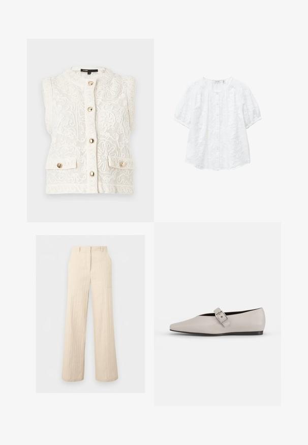 Veste blanche sans manches avec broderie en dentelle florale ornée, boutons dorés sur le devant et sur deux petites poches avant, col rond.; Blouse blanche à manches courtes avec un col rond et une broderie florale subtile en relief, boutonnée sur le devant et manches légèrement froncées.; Pantalon beige taille haute à jambes larges avec passants pour ceinture et détails de coutures, présenté à plat sur un fond gris clair.; Chaussure plate en cuir beige avec un bout pointu, un accent de boucle sur le côté et une semelle noire basse. Texture lisse et design minimaliste.