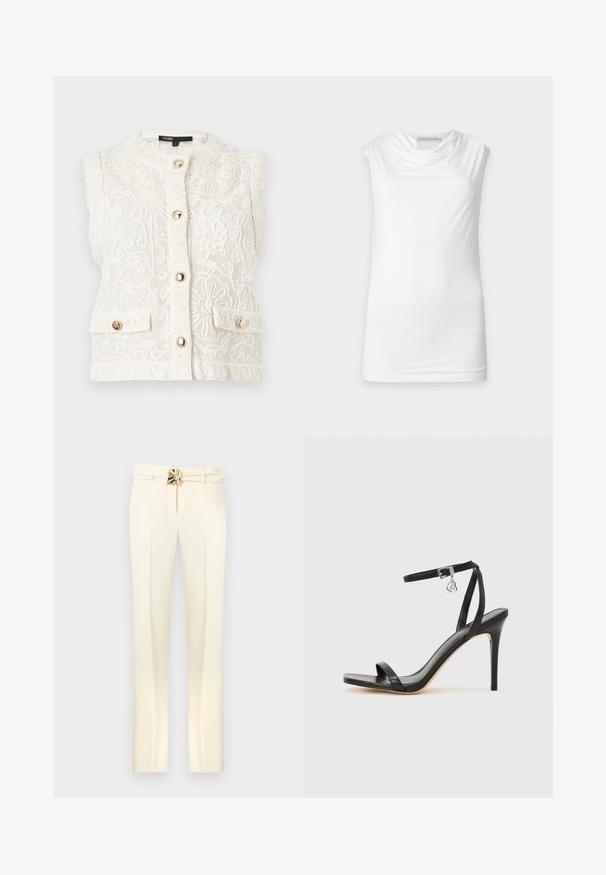 Veste blanche sans manches avec broderie en dentelle florale ornée, boutons dorés sur le devant et sur deux petites poches avant, col rond.; Haut blanc sans manches avec encolure drapée, en tissu lisse, étiqueté Tiger of Sweden sur fond uni.; Pantalon sur mesure de couleur crème avec une taille ceinturée ornée de détails en métal doré, jambes droites, et une texture lisse et douce.; Sandale à talon haut noire avec une bride étroite à la cheville, bout carré, cuir lisse et accent de boucle métallique.