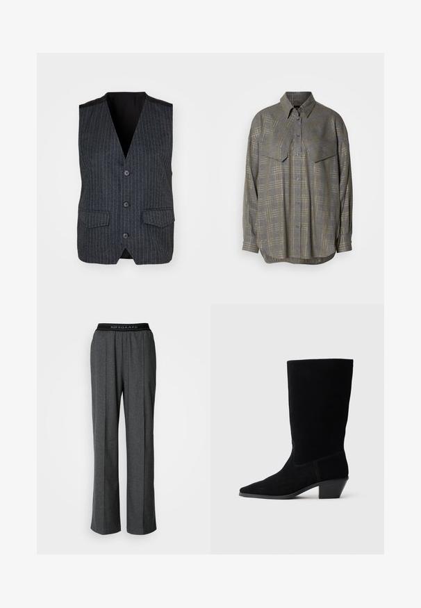 Grijze vest met verticale streepjes, een V-hals, een vijfknopenfront, twee voorzakken en een zwarte satijnen voering.; Grijze button-up shirt gemaakt van textuurstof, met een ruitpatroon in lichtere tinten, een kraag en twee borstzakken.; Grijze, wijde broek met plooien, gemaakt van een gestructureerde stof. Bevat een zwarte tailleband met het "NØRGAARD" logo.; Zwarte suede enkellaars met een spitse neus, een schacht van gemiddelde hoogte en een chunky hak. Heeft minimaal stikwerk en een gladde textuur.