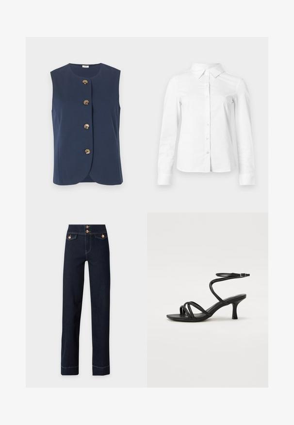 Veste sans manches bleu marine avec encolure arrondie et quatre grands boutons marron sur le devant, sur fond uni.; Chemise blanche à manches longues avec boutons, col pointu, ourlet droit et silhouette ajustée, présentée sur un fond clair uni.; Jean bleu foncé taille haute avec jambes droites, boutons en cuivre, poches à rabat à l'avant et coutures jaunes visibles.; Even&Odd Wide Fit by Zalando Sandales - black