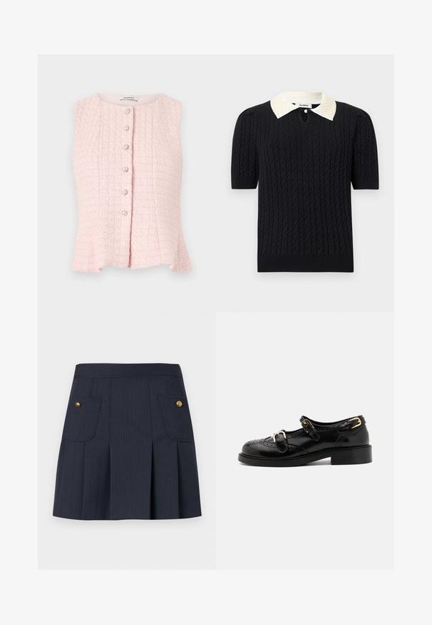 Blouse sans manches rose pâle texturée avec un col rond et six boutons en perle alignés au centre devant.; Haut noir en maille à manches courtes avec motif torsadé, doté d'un col pointu blanc orné de perles et d'une petite ouverture frontale avec bouton.; Jupe à rayures bleu marine foncé avec des plis à l'avant et deux poches à rabat ornées de boutons dorés de chaque côté.; Chaussures en cuir noir avec détails de brogue, dotées de deux sangles à boucle, d'un bout arrondi et d'un talon bas. Texture lisse avec finition brillante.