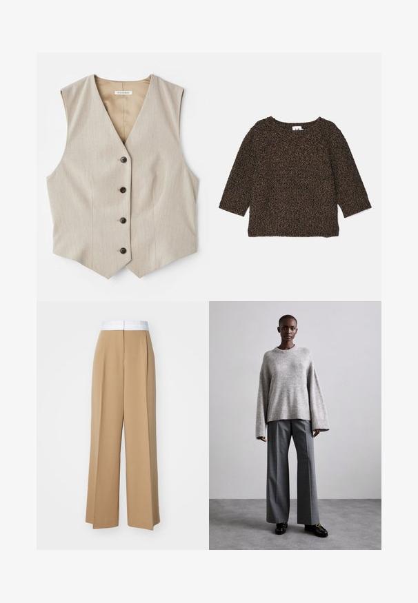 Beige vest met een textuurstof, V-hals en vijf donkere knopen. Heeft een recht afgesneden zoom en geen mouwen voor een geklede uitstraling.; Bruine, getextureerde gebreide trui met driekwartmouwen, brede halslijn en geribbelde zoom. Zacht materiaal met een gezellige uitstraling.; Brede broek van lichtbruin stof met een contrasterende witte tailleband. Kenmerkt zich door strakke lijnen en geen zichtbare patronen of versieringen.; Grijze gebreide trui met brede mouwen en geribbelde onderrand, gecombineerd met hoge grijze broeken met een subtiel ruitenpatroon en zwarte loafers.
