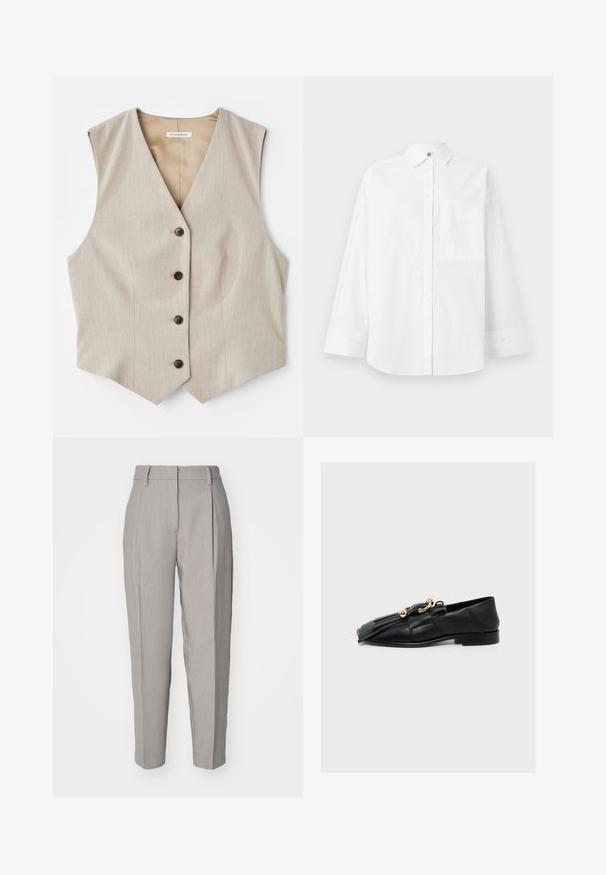 Beige vest met een textuurstof, V-hals en vijf donkere knopen. Heeft een recht afgesneden zoom en geen mouwen voor een geklede uitstraling.; Witte overhemden van katoen. Voorzien van lange mouwen, een gecloeid nek en een enkele borstzak. Strakke textuur, klassiek ontwerp.; Lichtgrijze op maat gemaakte broeken met een gladde textuur, geplooide voorkant en een recht silhouet. Voorzien van riemlussen en een gepolijste afwerking.; Zwarte leren loafer met vooraan franjes en gouden bolletjes en ringaccenten, platte zool en lage hak.