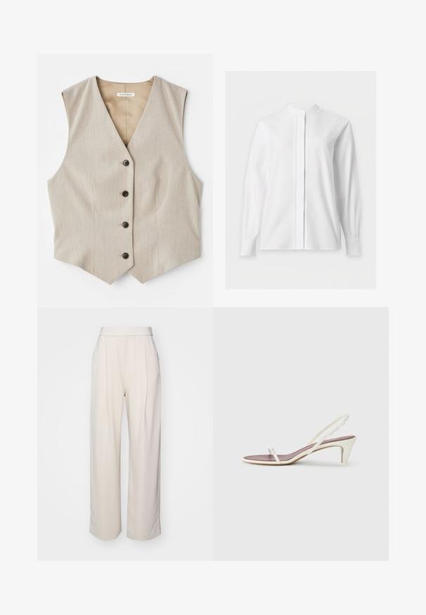 Beige vest med et tekstureret stof, v-halsudskæring og fem mørke knapper. Har en lige skårne kant og ingen ærmer for et skræddersyet udseende.; Hvid bluse med lange ærmer med mandarin-krave og skjult knapstolpe, vist på en ensfarvet hvid baggrund.; Stine Goya CIARA - Bukser - ivory; Hvide slingback sandaler med en let hæl, tynde stropper og en glat læderoverflade; har en lille dekorativ spænde.