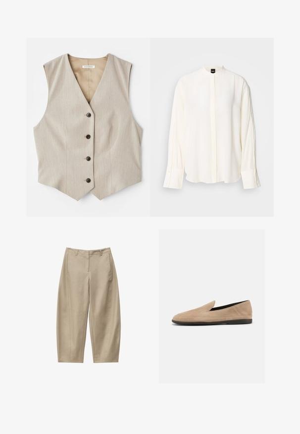 Beige vest med et tekstureret stof, v-halsudskæring og fem mørke knapper. Har en lige skårne kant og ingen ærmer for et skræddersyet udseende.; Langærmet, cremefarvet bluse lavet af glat stof; mandarin-krave, forflap, knappede ærmekanter og en afslappet pasform.; Beige cropped bukser med lige ben, bæltestropper, sidelommer og lynlås foran, lagt fladt på hvid baggrund.; Beige ruskind slip-on loafer med sort sål, lav hæl og rund tå, vist fra siden på hvid baggrund.