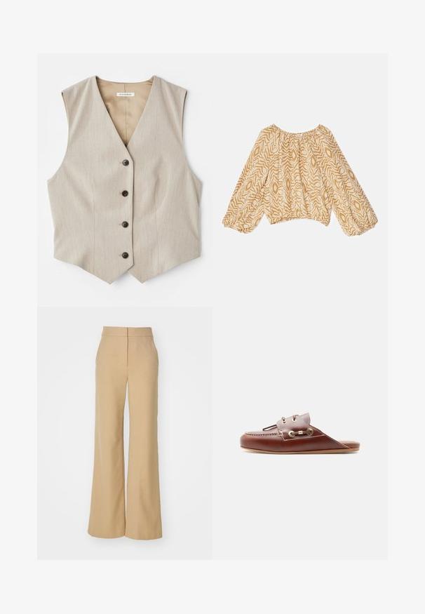 Beige vest med et tekstureret stof, v-halsudskæring og fem mørke knapper. Har en lige skårne kant og ingen ærmer for et skræddersyet udseende.; Lett, beige bluse med et abstrakt bølget mønster i mørkere nuancer. Har en sammensnøret halsudskæring og flagrende, elastiske ærmer.; Veronica Beard TONELLI PANT - Bukser - dark camel/light camel; Brun lædersko med slip-on, moc-tå syning, guldøjelets og dekorativ snøredetalje på siden, flad sål, sideprofil.