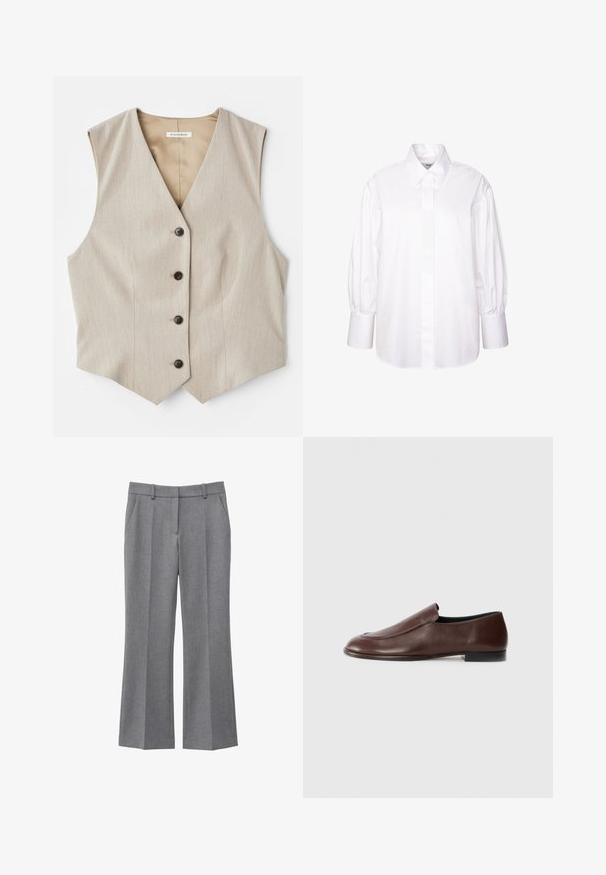 Beige vest med et tekstureret stof, v-halsudskæring og fem mørke knapper. Har en lige skårne kant og ingen ærmer for et skræddersyet udseende.; Hvid skjorte med lange, udblæste ærmer og lige snit. Lavet af glat stof, med knaplukning foran og manchetter.; Grå skræddersyede bukser med lige ben, forreste presning, sidelommer og bæltestropper, velegnet til formelt eller kontorbrug.; NEOUS POLARIS - Loafers - dark chocolate