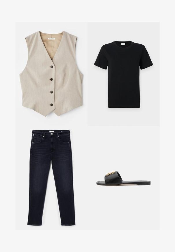 Beige vest med et tekstureret stof, v-halsudskæring og fem mørke knapper. Har en lige skårne kant og ingen ærmer for et skræddersyet udseende.; Sort bomulds t-shirt med korte ærmer og rund hals, med en subtil logo detalje på den nederste front og en lige skåret kant.; Mørkeblå denim jeans med lige ben-design, fem lommer og metalbeslag ved taljen og lommerne. Glat tekstur.; Sorte lædersandaler med åben tå, flad sål og en dekorativ guldfarvet detalje på overdelen. Glat tekstur med minimalt design.