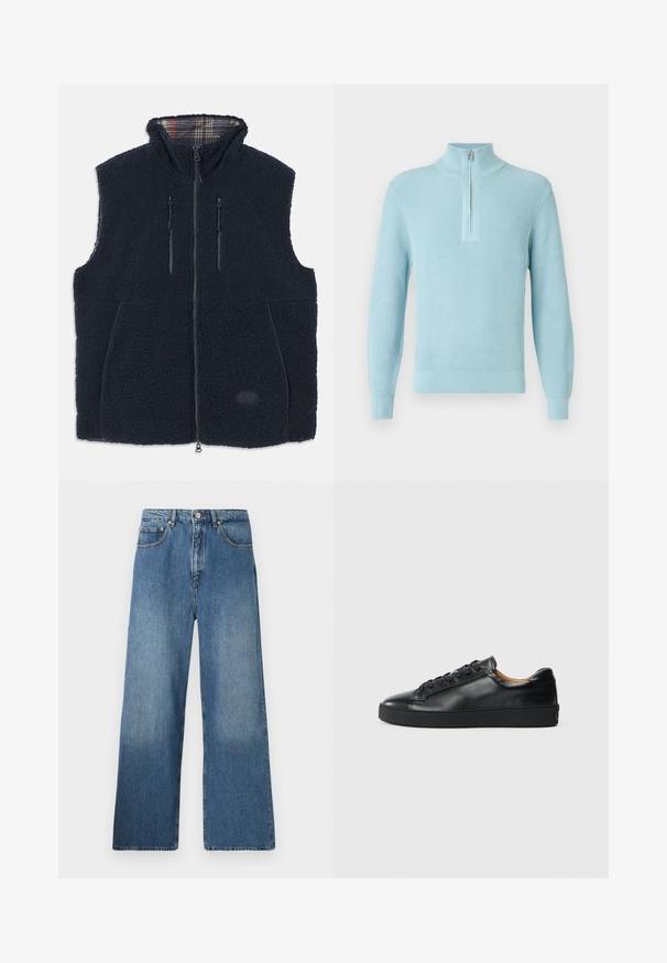 Marineblaue Fleece-Weste mit weichem, strukturiertem Außenmaterial, durchgehendem Reißverschluss, zwei Reißverschlusstaschen und kariertem Futter im Kragen. Logopatch auf der Vorderseite.; Hellblauer, gerippter Pullover mit hohem Kragen, Halbreißverschluss, langen Ärmeln und tailliertem Saum, gefertigt aus weichem, strukturiertem Stoff.; Breite blaue Denim-Jeans mit klassischem Fünf-Taschen-Design, Knopfverschluss vorne und leichtem Verblassen für Textur.; Schwarze Leder-Sneaker mit glatter Textur, runder Zehenpartie und Schnürverschluss. Verfügt über eine dicke Gummisohle und minimalistische Marken-Details.