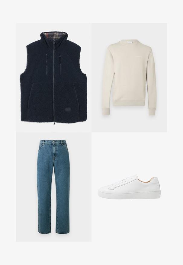 Marineblå fleecevest med en blød, tekstureret overflade, fuld lynlås på forsiden, to lynlåslommer og et ternet fôr i kraven. Logo patch på forsiden.; Lysebeige sweatshirt lavet af blød bomuldsblanding. Har rund halsudskæring, lange ærmer og et lille logo på brystet. Tekstureret stof.; Blå jeans i denim med højtaljet, lige ben, knap- og lynlåslukning foran samt sidelommer, vist mod en lys baggrund.; Hvide lædersneakers med en glat overflade, afrundet tå, flad snørebåndsdesign og en tyk gummisål med et struktureret grebmønster.