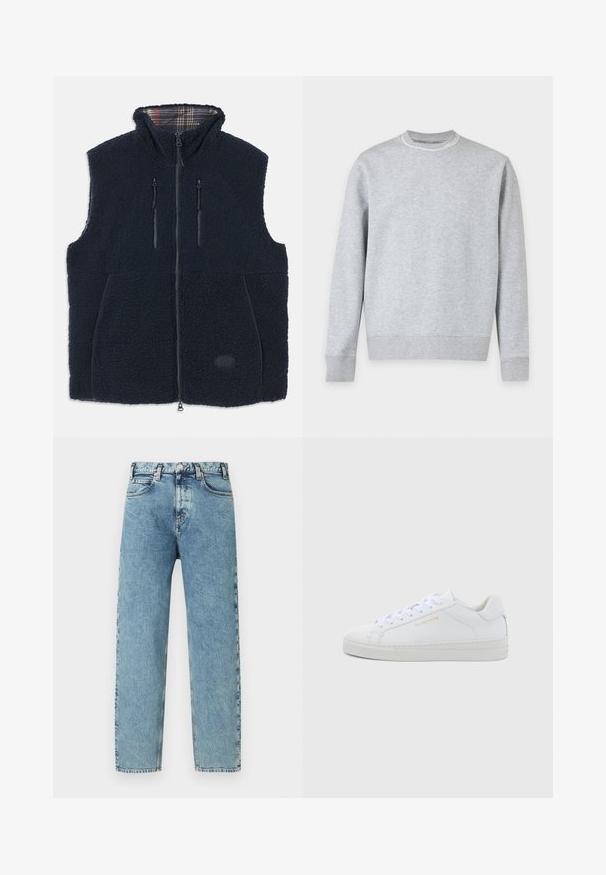 Marineblå fleecevest med en blød, tekstureret overflade, fuld lynlås på forsiden, to lynlåslommer og et ternet fôr i kraven. Logo patch på forsiden.; Lysegrå crewneck sweatshirt med lange ærmer og ribbet manchet og kant, vist på en hvid baggrund.; Lyseblå denimjeans med lige ben, fem lommer og lukning med messingknap. Stoffet har et let tekstureret, falmet udseende.; Hvide sneakers i lav model og læder med rund snude, flade snørebånd, tekstureret sål og diskret guldfarvet logo på siden. Glat overflade og minimalistisk design.
