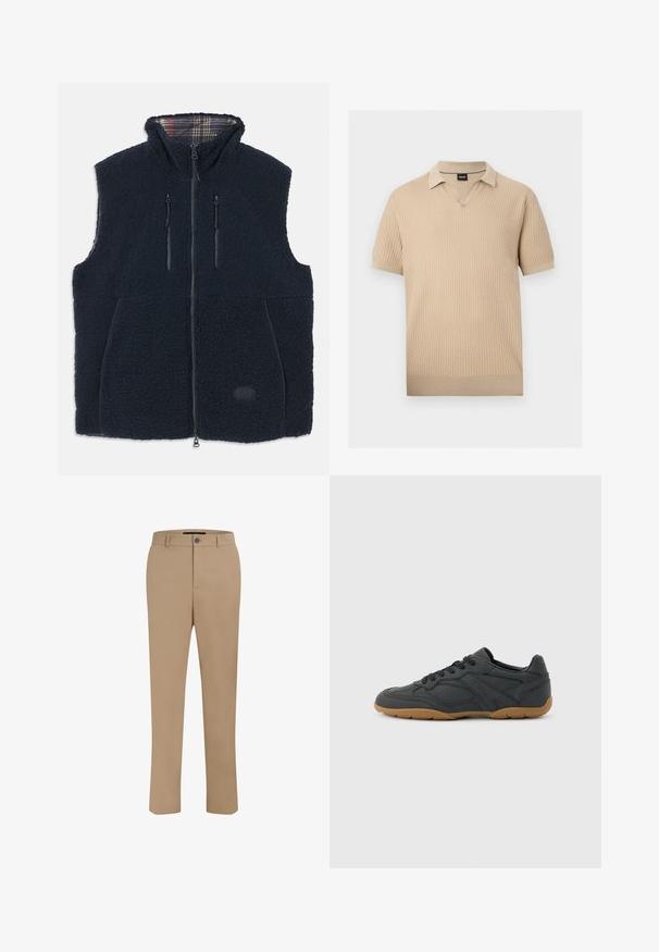 Marineblå fleecevest med en blød, tekstureret overflade, fuld lynlås på forsiden, to lynlåslommer og et ternet fôr i kraven. Logo patch på forsiden.; Beige kortærmet strikket polo med tekstureret mønster, V-udskæring og ribkanter ved ærmer og kant.; Beige skræddersyede bukser lavet af glat stof, med standard talje, forlommer og lige ben.; Lav profil sort sneaker med tan gummisål, sidelisser og subtil præget mærkenavn på siden, sat mod en ensfarvet baggrund.