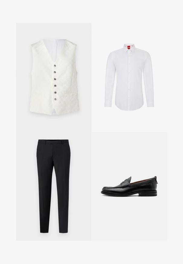 Ivoor vest met een subtiele gestructureerde textuur, V-hals ontwerp, zes zilveren knopen en twee voorzakken. Gladde stof met een satijnen afwerking.; Witte langemouwen blouse met een geknoopt kraagje, voorzien van een knoopsluiting aan de voorkant en zachte, gladde stof. Geen patronen of accenten zichtbaar.; Zwarte op maat gemaakte broek met een slim fit, met een platte voorkant, riemlussen en geen zichtbare patronen of accenten. Glad textuur.; Zwarte leren herensloffen met moc toe stiksel, pennyriem, gestructureerde kraag en lage gestapelde hak op witte achtergrond.