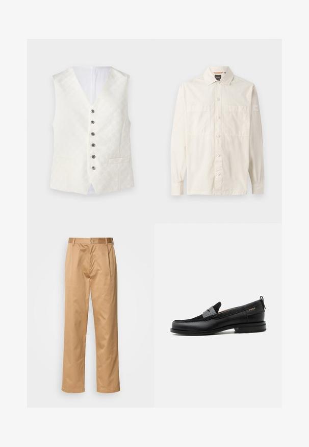 Chaleco de marfil con una sutil textura estampada, diseño con cuello en V, seis botones plateados y dos bolsillos frontales. Tejido suave con un acabado satinado.; Camisa de mangas largas color beige hecha de tela liviana, con un frente abotonado, dos bolsillos en el pecho y una etiqueta de marca en la manga.; Pantalones caqui, mezcla de algodón, diseño de pierna recta, con pliegues delanteros, trabillas para cinturón y cierre de botón. Textura suave sin patrones.; Mocasín de cuero negro con detalle de tira gris, tacón bajo y suela texturizada, con la marca "HUGO" en oro en el lateral.