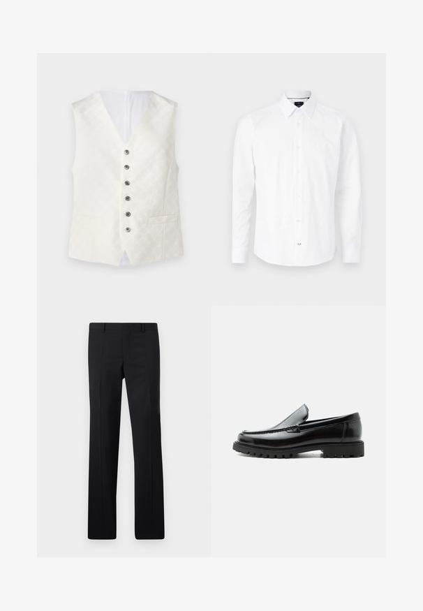 Gilet en ivoire avec une texture à motifs subtils, design en V, six boutons en argent et deux poches avant. Tissu lisse avec une finition satinée.; Chemise blanche à manches longues en coton. Présente un col boutonné, une fermeture à boutons à l'avant avec des boutons roses, et un ourlet arrondi.; Pantalons noirs ajustés avec une coupe droite, des plis marqués et une finition lisse. Fabriqués en tissu léger avec une taille nette.; Mocassin en cuir noir avec semelle en caoutchouc épaisse, dessus cousu et nom de marque embossé sur le talon, présenté de profil sur fond blanc.