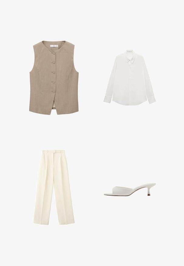 Beige mouwloze vest met verticale strepen, vijf knopen aan de voorkant, een ronde halslijn en een rechte snit. Soepele stoftextuur.; Witte blouse met lange mouwen van gladde stof, met een puntige kraag en knoopmanchetten, een rechte zoom en zonder patronen.; Roomy ecru wijde broek met dunne verticale krijtstrepen, voorplooien, riemlussen en zijzakken.; Witte open teen muil met een lage kittenhak en een bovenwerk van glad leer, weergegeven in zijaanzicht op een witte achtergrond.