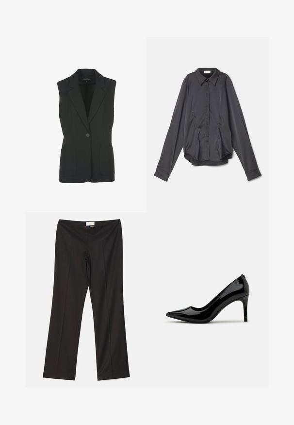 Blazer sin mangas en negro con un solo botón frontal, dos bolsillos delanteros, un corte entallado y solapas de muesca, fabricado en una tela suave.; Sara Battaglia PUFF SLEEVE - Blusa - black; Sara Battaglia HIGH WAIST PANTS - Pantalones - black; Zapato de tacón alto de charol negro con punta afilada y silueta esbelta, con una textura suave y un diseño minimalista.