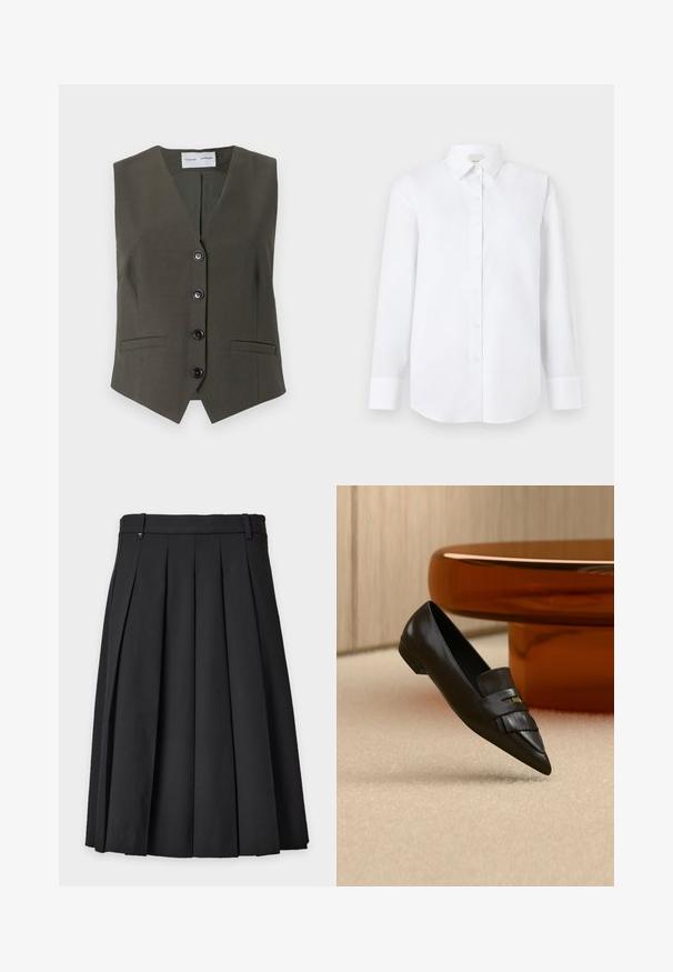 Chaleco sin mangas de color verde olivo hecho de un tejido texturizado, con escote en V, cinco botones negros y dos bolsillos frontales.; Camisa blanca de manga larga hecha de tejido suave, con cierre de botones en la parte delantera, collar clásico y dobladillo redondeado con puños abotonados.; Falda negra plisada hasta la rodilla con trabillas para cinturón y una pequeña etiqueta rectangular con logotipo cerca de la cintura sobre un fondo liso.; Mocasín de cuero negro con punta puntiaguda y detalle de flecos, colocado sobre una alfombra beige cerca de una mesa redonda de cristal naranja.