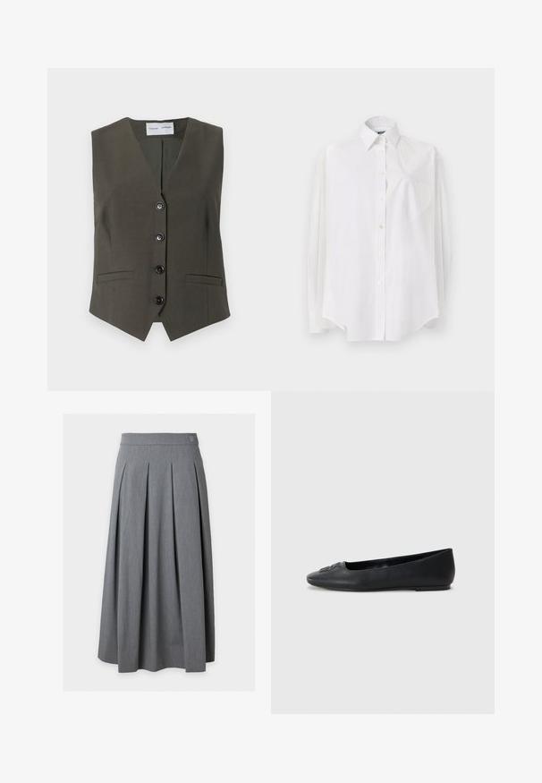 Chaleco sin mangas de color verde olivo hecho de un tejido texturizado, con escote en V, cinco botones negros y dos bolsillos frontales.; Camisa blanca de manga larga en tejido ligero que presenta un cuello clásico, cierre de botones y un bolsillo en forma de corazón en el lado izquierdo.; Falda midi plisada gris con cintura ajustada y detalle sutil de logo en la parte superior derecha.; Bailarina de cuero negro con una textura suave, punta redondeada y sutil decoración en la parte delantera. Tacón bajo y plano.
