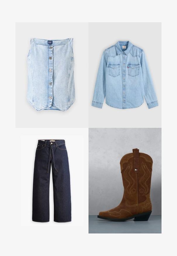 Lichtblauw denim mouwloos topje met een ronde halslijn, vijf knopen aan de voorkant en een gebogen zoom voor een relaxte pasvorm.; Lichtblauw denim overhemd met lange mouwen, knoopsluiting, twee borstzakken met kleppen en een klassieke puntige kraag op een grijze achtergrond.; Wijd pijpjes donkerblauwe denim jeans met een hoge taille, voorzien van een trekkoord, vijf zakken en contrasterende stiksels.; Bruine suède cowboylaars met decoratieve stiksels en een vlagembleem op de schacht, staande op een houten lattenvloer buiten.