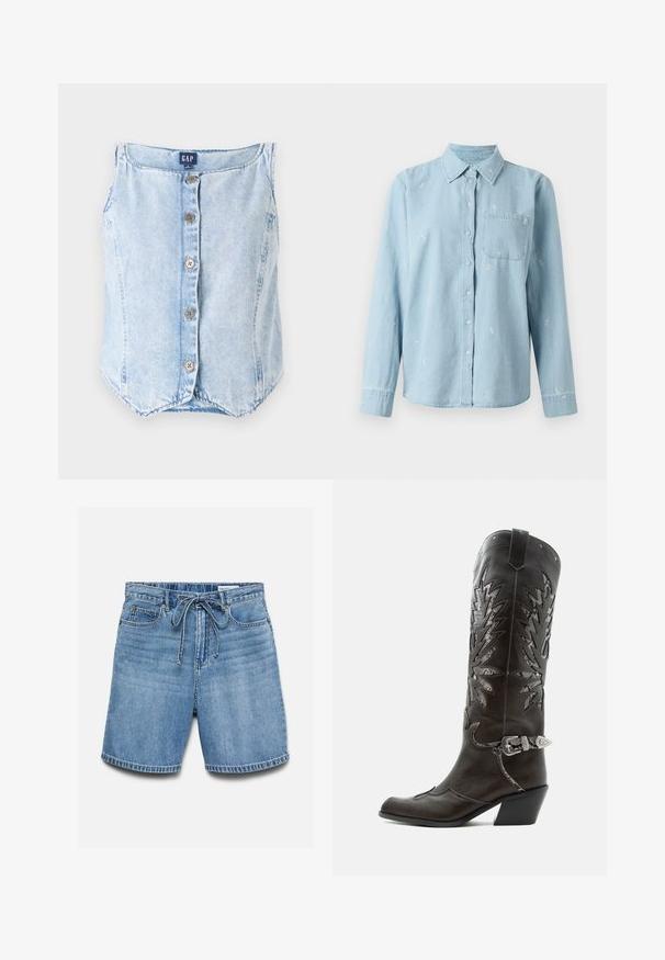 Lichtblauw denim mouwloos topje met een ronde halslijn, vijf knopen aan de voorkant en een gebogen zoom voor een relaxte pasvorm.; Lichtblauwe denimbloes met lange mouwen, knoopsluiting aan de voorkant en een borstzak. Heeft witte bloemenborduursel over de stof verspreid.; Blauwe denimshorts met voorzakken en riemlussen, met een gestrikt trekkoord in de taille en vervaagde horizontale kreukdetails.; Zwarte leren cowboylaars met decoratieve uitsnijdingen, zilveren gesp en schuine hak, weergegeven op een witte achtergrond.