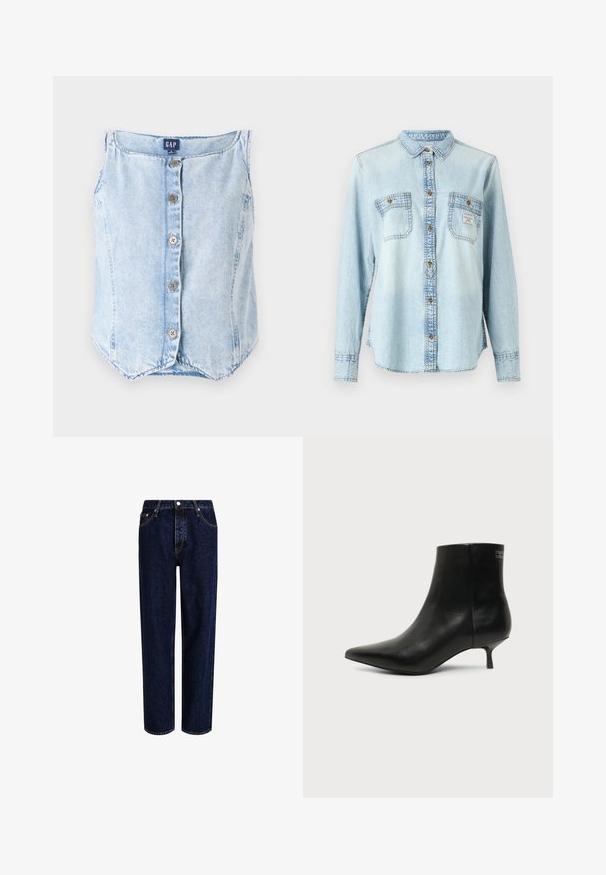 Lichtblauw denim mouwloos topje met een ronde halslijn, vijf knopen aan de voorkant en een gebogen zoom voor een relaxte pasvorm.; Lichtblauw denim overhemd met lange mouwen, knoopsluiting aan de voorkant, twee borstzakken en contrasterende stikseldetails.; Donkerblauwe denim jeans met een straight-leg ontwerp, voorzien van een hoge taille, vijf zakken en contrasterende stiksels. Geen versieringen.; Zwart leren enkellaars met puntige neus en lage kittenhak op lichte achtergrond, zijaanzicht buitenkant.