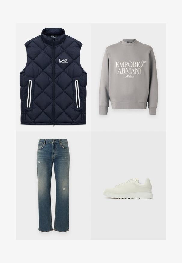 Marineblauw gewatteerd mouwloos vest met een rits aan de voorkant, ritszakken en een wit EA7 Emporio Armani-logo op de borst.; Grijze sweatshirt met een ronde hals, geribbelde manchetten en een geborduurd "EMPORIO ARMANI Milano" logo in crème. Zachte katoenmix.; Spijkerbroeken in medium blauw met een rechte snit, met lichte vervaging en versleten stukken. Klassiek vijf-pocket ontwerp en sluiting met bovenste knoop.; Witte leren sneaker met een textuur bovenkant, ronde neus, vlakke witte zool en tonale veters. Subtiele branding op de tong.