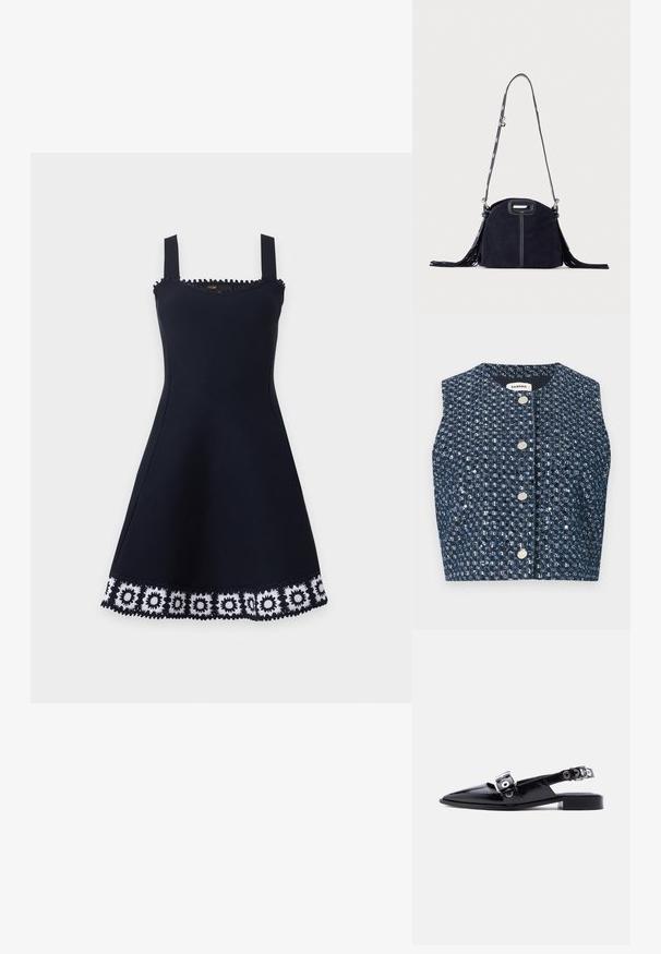 Veste sans manches en tweed bleu marine avec des paillettes argentées et quatre boutons ronds en argent sur le devant, étiquette "Sandro" à l'intérieur du col.; Robe noire sans manches avec encolure carrée et bordure florale en crochet blanc le long de l'ourlet sur un fond clair uni.; Ballerine pointue en cuir verni noir avec double boucle argentée et talon slingback sur fond blanc.; Sac à main en daim bleu foncé avec des coutures blanches, une poignée découpée, une bandoulière à motif et de longues franges des deux côtés.