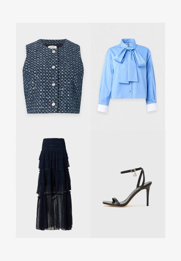 Veste sans manches en tweed bleu marine avec des paillettes argentées et quatre boutons ronds en argent sur le devant, étiquette "Sandro" à l'intérieur du col.; Blouse bleu clair à manches longues avec poignets blancs, un grand nœud au col et deux boutons près de l’ourlet au centre devant.; Jupe longue noire en mesh à volants superposés avec taille élastique et détails à volants, semi-transparente en bas.; Sandale à talon haut noire avec une bride étroite à la cheville, bout carré, cuir lisse et accent de boucle métallique.