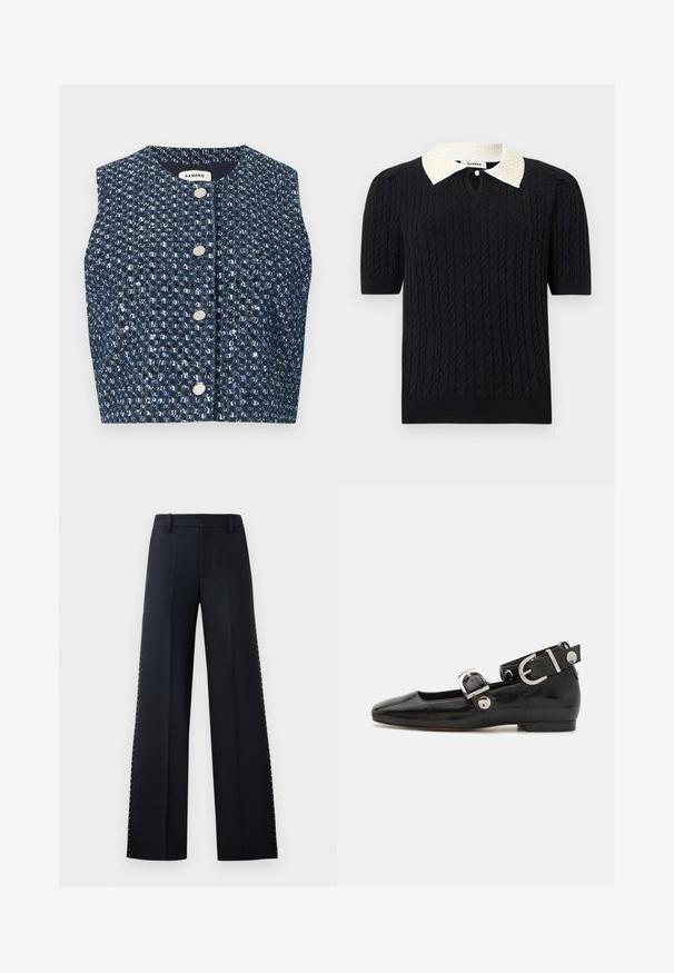 Veste sans manches en tweed bleu marine avec des paillettes argentées et quatre boutons ronds en argent sur le devant, étiquette "Sandro" à l'intérieur du col.; Haut noir en maille à manches courtes avec motif torsadé, doté d'un col pointu blanc orné de perles et d'une petite ouverture frontale avec bouton.; Pantalons larges en noir. Coupe ajustée avec une texture lisse. Présente une rangée de clous métalliques le long des coutures latérales pour le détail.; Ballerine en cuir verni noir avec un bout carré, sangle de cheville avec des détails en métal argenté et semelle plate. Texture lisse avec un design minimaliste.
