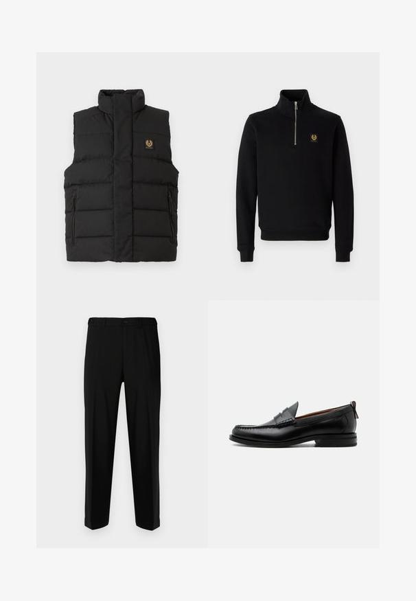 Sort puffer vest med høj krave, frontlomme med lynlås og et mærkeflag på brystet. Kviltet tekstur gennem hele vesten.; Sort, lynlåset sweatshirt lavet af en bomuldsblanding, med høj krave, ribbede manchetter og et guld logo-patch på brystet.; Sorte bukser lavet af glat stof, med lige snit, to forlommer og lynlås med knaplukning.; Sort læder herre loafer med moc-tå syning, penny strop, struktureret krave og lav stablet hæl på hvid baggrund.