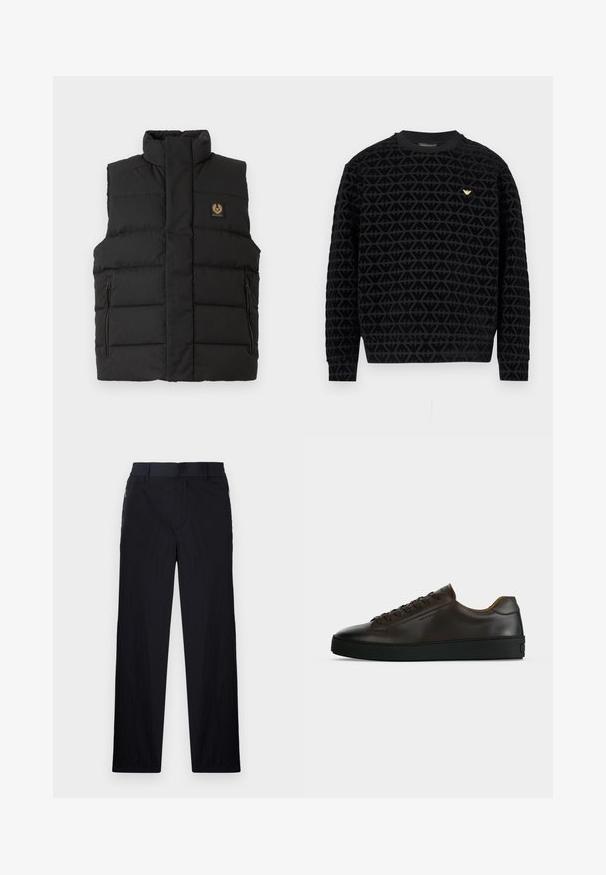 Sort puffer vest med høj krave, frontlomme med lynlås og et mærkeflag på brystet. Kviltet tekstur gennem hele vesten.; Sort crewneck-sweatshirt med et tekstureret geometrisk mønster, der har en guldfarvet logo-accent på brystet samt ribstrikkede manchetter og kant.; Sorte bukser i let, struktureret stof, med lige ben, elastisk talje og sidelommer med lynlås.; Lavprofil mørkebrune lædersneaker med sort gummisål, snørelukning foran og glat minimalistisk design på lys baggrund.