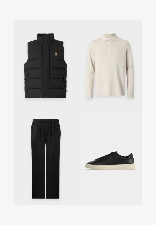 Zwarte gewatteerde vest met een hoge kraag, voorzakken met rits en een merklogo-opdruk op de borst. Geheel met een gewatteerde textuur.; Crème-kleurige longsleeve poloshirt met een rits bij de kraag, gemaakt van zachte, gestructureerde stof, met een klassieke pasvorm en een minimaal ontwerp.; Zwarte broek van zacht materiaal met een elastische tailleband, rechte pijpen en twee zijzakken. Heeft verborgen stikseldetails.; Zwarte lage leren sneaker met witte zool, zwarte veters en klein gouden BOSS-logo aan de zijkant.