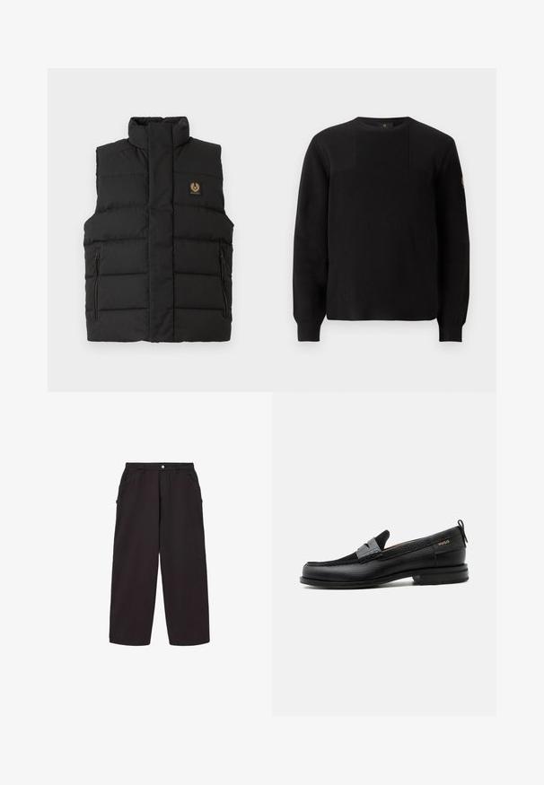 Sort puffer vest med høj krave, frontlomme med lynlås og et mærkeflag på brystet. Kviltet tekstur gennem hele vesten.; Sort strikket sweater med ribbet tekstur, rund hals og lange ærmer. Har en subtil paneldesign og et lille logo på ærmet.; Sorte bukser med vide ben, forlommer, bæltestropper og knaplukning i taljen.; Sort læderloafer med grå remdetalje, lav hæl og tekstureret sål, mærket med "HUGO" i guld på siden.