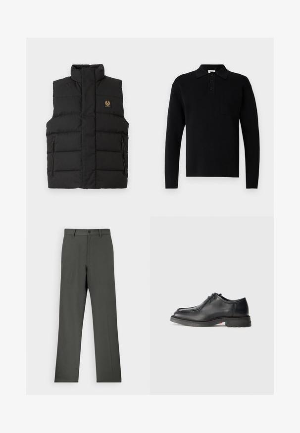 Sort puffer vest med høj krave, frontlomme med lynlås og et mærkeflag på brystet. Kviltet tekstur gennem hele vesten.; Sort langærmet poloshirt lavet af blødt materiale, med krave, tre-knaps lukning og en lille brystlomme.; Mørkegrå bukser lavet af glat stof, med en lige ben-design, knaplukning og bæltestropper. Ingen synlige mønstre eller accenter.; Sorte lædersko med glat tekstur, rund tå og lav, præget syning. Tykk gummisål med let hæl og skridsikker mønster.