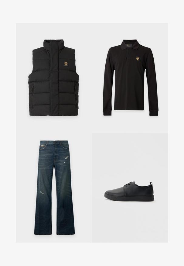 Chaleco acolchado negro con un alto cuello, bolsillos con cremallera en la parte frontal y un parche con el logo de la marca en el pecho. Textura acolchada en todo el chaleco.; Polo negro de manga larga con cuello, tapeta con dos botones, puños acanalados y un pequeño logo amarillo en el pecho izquierdo.; Jeans de mezclilla oscura de pierna ancha, con desvanecimientos claros y áreas desgastadas. Cuenta con un cierre de botón y un diseño clásico de cinco bolsillos.; Zapatilla negra de cuero con acabado suave, punta redondeada, costuras a tono, cordones en la parte delantera y suela de goma plana. Asa en el talón.