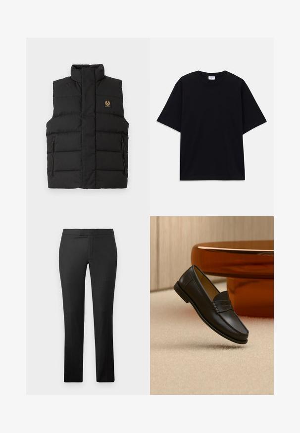 Chaleco acolchado negro con un alto cuello, bolsillos con cremallera en la parte frontal y un parche con el logo de la marca en el pecho. Textura acolchada en todo el chaleco.; Camiseta oversized de manga corta en negro con escote redondo y etiqueta de la marca Filippa K visible en el interior del cuello.; Pantalones rectos negros hechos de una tela suave, con un diseño de frente plano, sin bolsillos visibles y una cintura limpia.; Zapato mocasín de cuero negro suspendido sobre una alfombra beige con muebles modernos de color ámbar en el fondo.