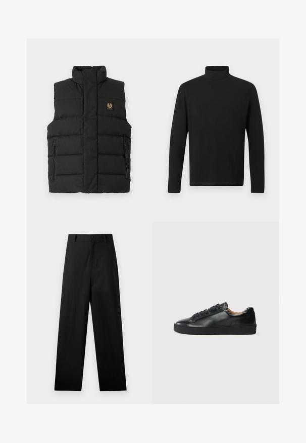 Sort puffer vest med høj krave, frontlomme med lynlås og et mærkeflag på brystet. Kviltet tekstur gennem hele vesten.; Sort turtleneck skjorte lavet af glat stof. Har lange ærmer og en høj krave. Enkel design uden yderligere mønstre eller accenter.; Sorte bukser lavet af bomuld med lige ben-design, der har en frontknaplukning og sidelommer. Glat tekstur, ingen mønstre.; Sorte lædersneakers med en glat overflade, rund tå og snørebåndslukning. Har en tyk gummisål og minimal branddetalje.