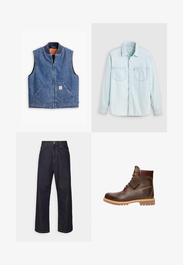 Denimvest med lynlås fortil, ribbet krave, to forlommer og et mærke. Har en klassisk blå vask og en struktureret design.; Lyseblå denimskjorte med lange ærmer, knaplukning foran, to brystlommer og krave, vist mod en ensfarvet lys baggrund.; Mørkeblå lige ben denim jeans med gul syning, frontknap, lynlås og fem-lommer design.; Brun læder ankelstøvle med rund tå, solid sål, hardware i guldtone og en tekstureret overdel. Inkluderer et logo-tagfæstet.