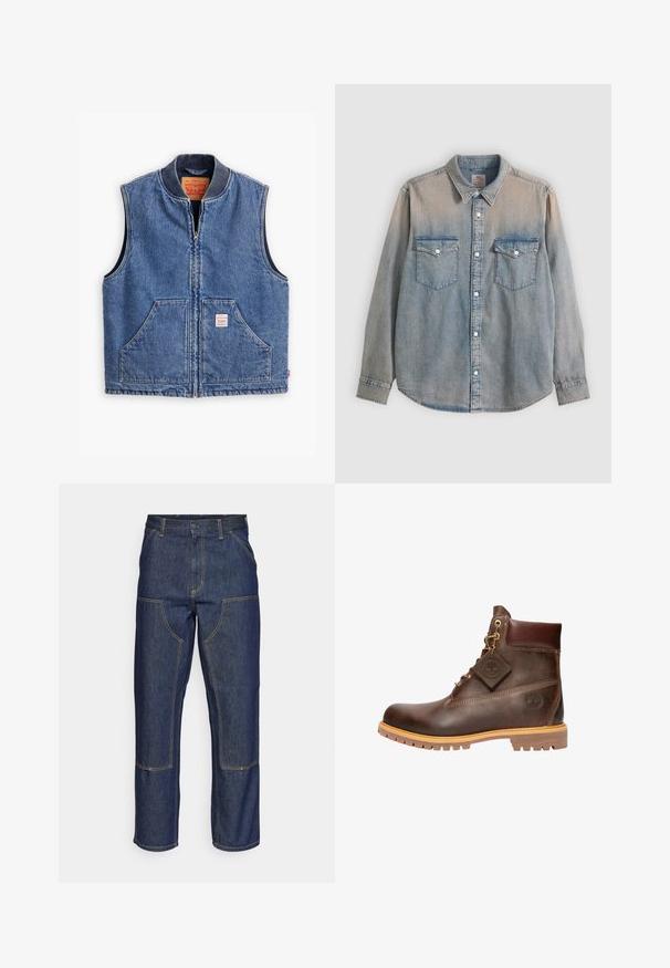 Denim vest met een ritssluiting aan de voorkant, geribbelde kraag, twee voorzakken en een label. Beschikt over een klassieke blauwe was en een gestructureerd ontwerp.; Lichtblauw verweerd denim overhemd met lange mouwen, kraag, knoopsluiting aan de voorkant en twee borstzakken met knoopklep.; Donkerblauwe denim jeans met een hoge taille, rechte pijpen, contrasterende stiksels en opgestikte zakken aan de voorkant.; Bruine leren enkelboot met een ronde neus, stevige zool, hardware in goudkleur en een gestructureerde bovenkant. Inclusief een merklabel dat is bevestigd.