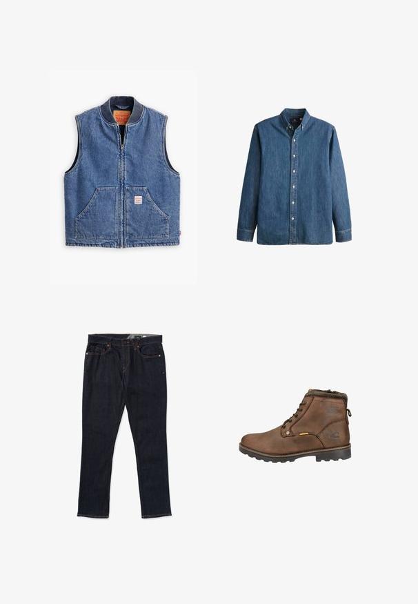 Denimvest med lynlås fortil, ribbet krave, to forlommer og et mærke. Har en klassisk blå vask og en struktureret design.; Denim button-up skjorte i mellemblå, med lange ærmer, spidse kraver, hvide knapper og en tætsiddende pasform med diskret logo broderi.; Mørke denim jeans med lige ben, orange syninger, fem-lomme design og klassisk knap- og lynlås lukning.; Brune læder ankelstøvle med afrundet tå, snørebåndsdesign, polstret krave og tekstureret gummisål. Har logo og metal-accenter.