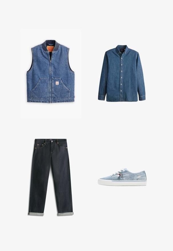 Denimvest med lynlås fortil, ribbet krave, to forlommer og et mærke. Har en klassisk blå vask og en struktureret design.; Denim button-up skjorte i mellemblå, med lange ærmer, spidse kraver, hvide knapper og en tætsiddende pasform med diskret logo broderi.; Mørkeblå denimjeans med opsmøgede bukseben, fem lommer og kontrastsyning, lagt fladt på en hvid baggrund.; Lavtopet sneaker i lyseblåt denim med hvid gummisål, hvide snørebånd og dekorative charms, der hænger fra de sideplacerede snørehuller.