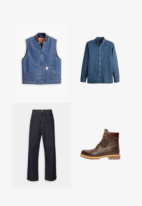Denimvest med lynlås fortil, ribbet krave, to forlommer og et mærke. Har en klassisk blå vask og en struktureret design.; Denim button-up skjorte i mellemblå, med lange ærmer, spidse kraver, hvide knapper og en tætsiddende pasform med diskret logo broderi.; Mørkeblå lige ben denim jeans med gul syning, frontknap, lynlås og fem-lommer design.; Brun læder ankelstøvle med rund tå, solid sål, hardware i guldtone og en tekstureret overdel. Inkluderer et logo-tagfæstet.