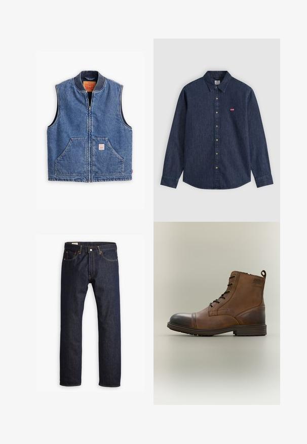 Denimvest med lynlås fortil, ribbet krave, to forlommer og et mærke. Har en klassisk blå vask og en struktureret design.; Mørkeblå denim skjorte med lange ærmer, knapper for, spids krave og lille rødt Levi's-logo på venstre bryst.; Mørkeblå denimjeans med lige ben, orange syninger og fem lomme-design med metalspænde.; Brun læderstøvle med snørebånd, sort tåhætte, rund sål og mærket detalje på siden mod ensfarvet baggrund.