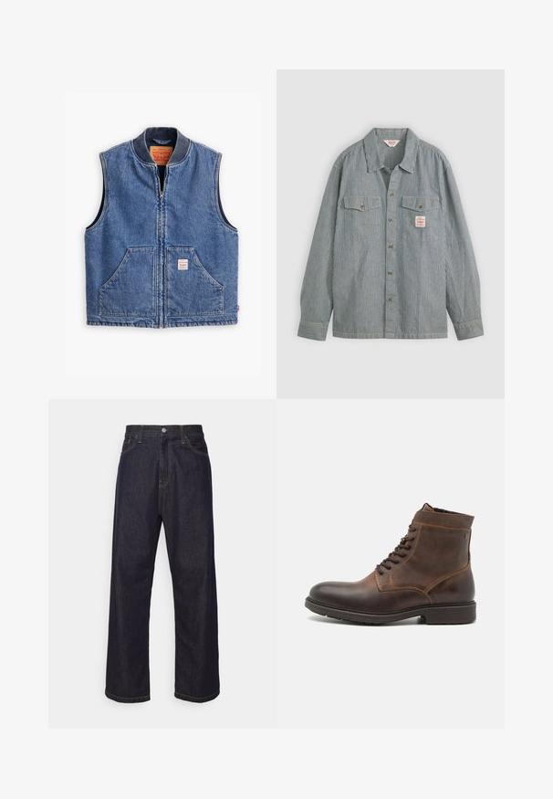 Denim vest, millekõhuiga, kahe esiosa taskuga ja sildiga. Omab klassikalist sinist pesu ja struktureeritud disaini.; Sinise ja valge triibuline särk, millel on krae, kaks rinna taskut ja väike silt. Valmistatud kerge riidematerjalist.; Tumedad sinised sirged teksapüksid kollaste õmblustega, esiknapp, lukuga ja viie taskuga disain.; Jack & Jones JFWDELANEY BOOT - Nööritavad poolsaapad - cognac