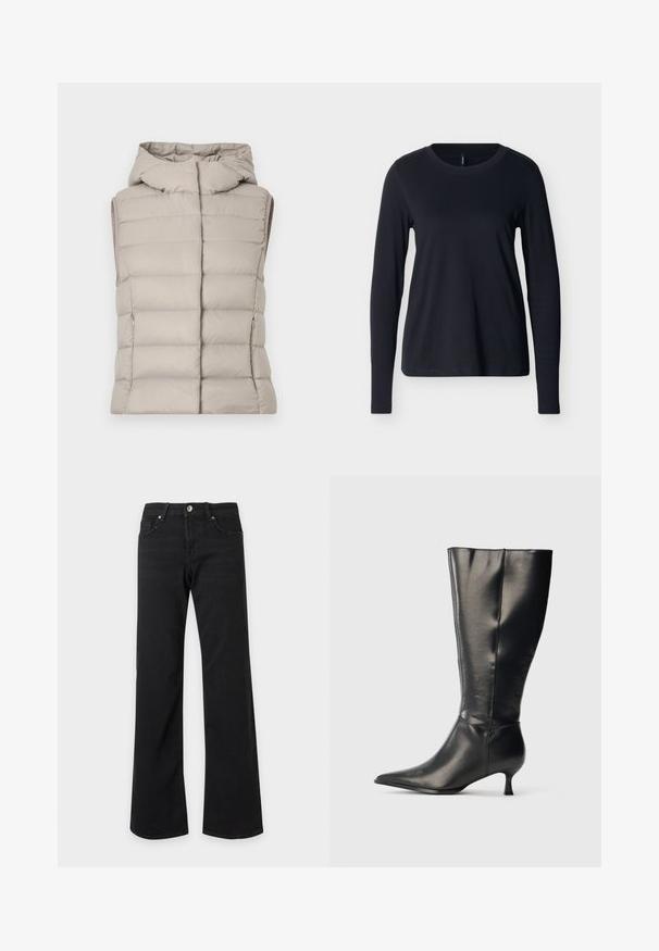 Veste sans manches matelassée beige avec capuche, présentant des coutures horizontales matelassées, des poches latérales zippées et une finition lisse et mate.; Chemise noire à manches longues et col rond, étalée à plat sur un fond blanc, vue de face avec un design propre et simple.; Jean noir taille haute avec jambes droites et larges, poches avant, passants de ceinture et fermeture par bouton métallique sur fond blanc.; Botte en cuir noire montant jusqu'au genou, avec un bout pointu et un petit talon bas, présentée sur un fond clair uni.