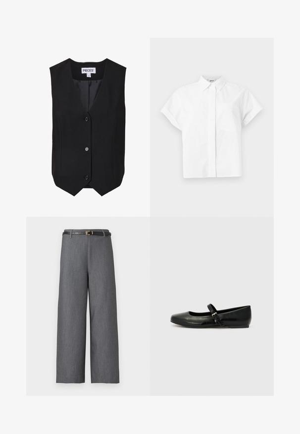 Gilet noir sans manches, à boutons, col en V, trois boutons, ourlet avant en pointe, et une étiquette portant la mention « "Pieces" » à l'intérieur du col.; Chemise blanche à manches courtes avec col classique et poche poitrine, présentée sur un fond clair uni.; Pantalon gris à jambes larges et taille haute, associé à une fine ceinture noire avec une petite boucle dorée.; Ballerines en cuir noir avec un bout arrondi, une semelle plate et une fine sangle ajustable sur le cou-de-pied avec une boucle en métal.