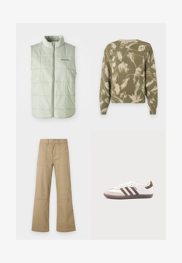 Gilet sans manches vert clair avec un col montant, texture matelassée, coutures verticales et fermeture éclair à l'avant. Présente un petit logo sur la poitrine.; Pull en tricot vert olive avec un motif de feuilles en crème. Ourlet et poignets côtelés, col rond et coupe décontractée. Design de tissu texturé.; Pantalon beige taille haute à jambes larges avec poches plaquées à l'avant, passants pour ceinture et fermeture à boutons. Tissu simple et durable avec coutures visibles.; Baskets Adidas Samba blanches avec des bandes en daim marron, semelle en caoutchouc marron et bout en daim beige, vues du côté extérieur sur un fond uni.