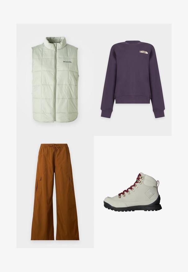 Chaleco sin mangas de color verde claro con un cuello alto, textura acolchada, costuras verticales y una cremallera frontal. Cuenta con un pequeño logo en el pecho.; Sudadera morada de manga larga con cuello redondo y un pequeño logo blanco y beige de The North Face en la parte superior izquierda del pecho.; Pantalones cargo marrones de pierna ancha con cintura elástica y cordón, con bolsillos con solapas en los lados, sobre un fondo liso.; Bota de senderismo beige con cordones rojos, ojales de metal y una superficie texturizada. Presenta una suela negra resistente y un detalle de logo distintivo en el lateral.